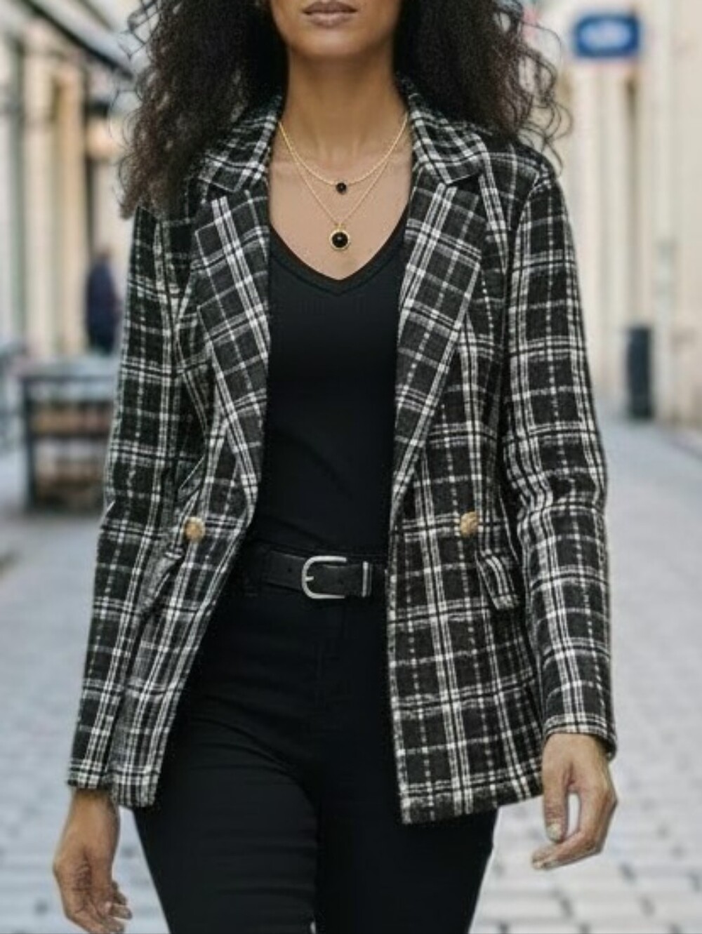 Indigo Rose Black and White Plaid Double-Breasted Tweed Blazer Women's Size S